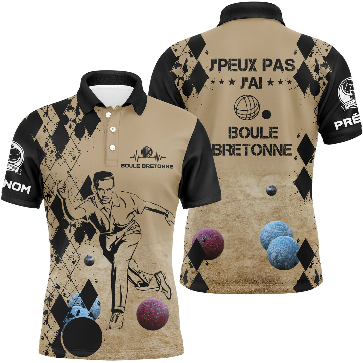 Polo boule bretonne homme sable humour j'peux pas devant joueur boules colorées prénom manche personnalisé