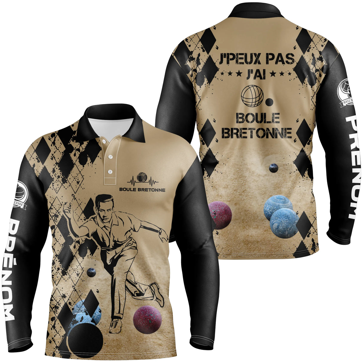 Polo manches longues boule bretonne sable humour devant joueur boules colorées prénom personnalisé