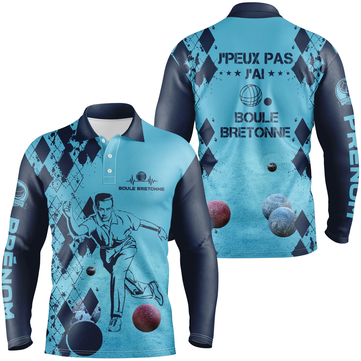 Polo manches longues boule bretonne bleu humour devant joueur boules colorées prénom personnalisé