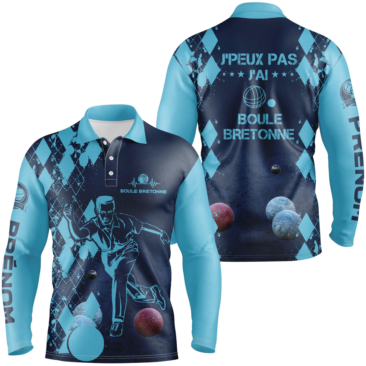 Polo manches longues boule bretonne bleu marine humour devant joueur boules prénom personnalisé