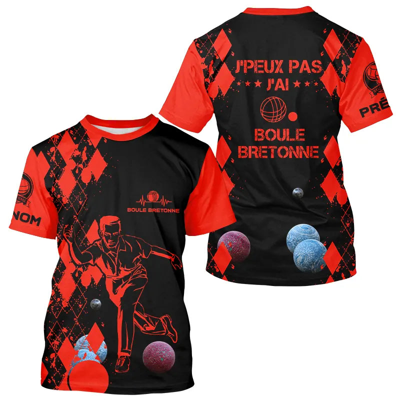 T-shirt boule bretonne version 2 rouge noir avec joueur lançant boule motif losanges et prénom