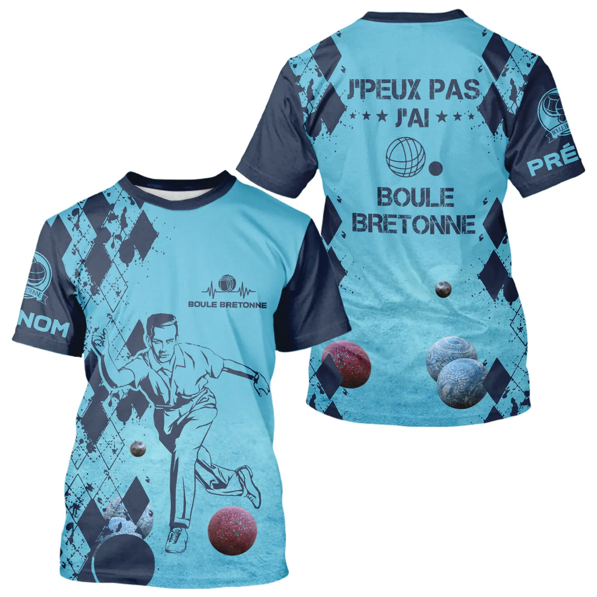 T-shirt all-over boule bretonne bleu humour devant joueur boules colorées prénom personnalisé