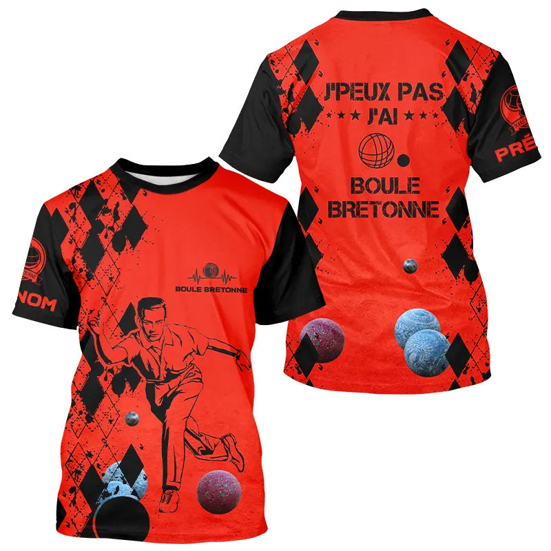 T-shirt boule bretonne personnalisé rouge et noir motif argyle joueur de pétanque et slogan humour