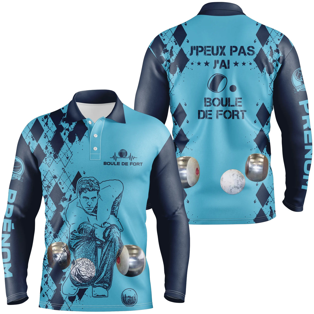 Polo manches longues boule de fort bleu humour devant joueur boules ciselées prénom personnalisé