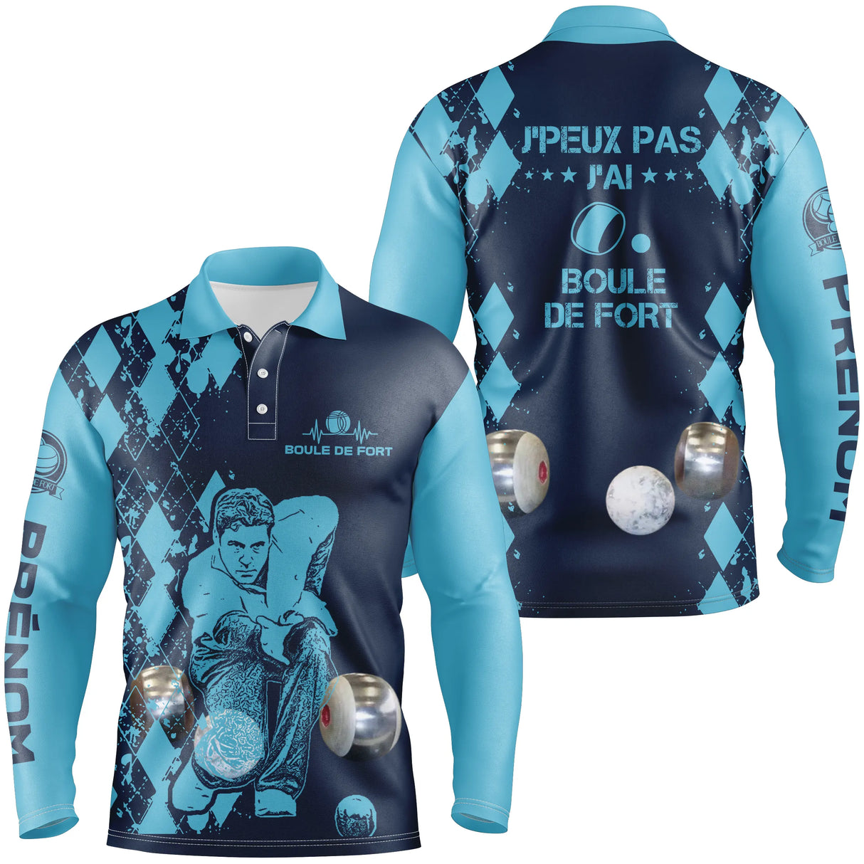 Polo manches longues boule de fort bleu marine humour devant joueur boules ciselées prénom personnalisé