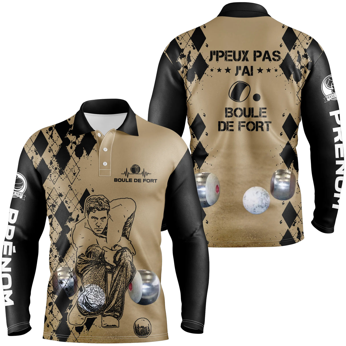 Polo manches longues boule de fort sable humour devant joueur boules ciselées prénom personnalisé