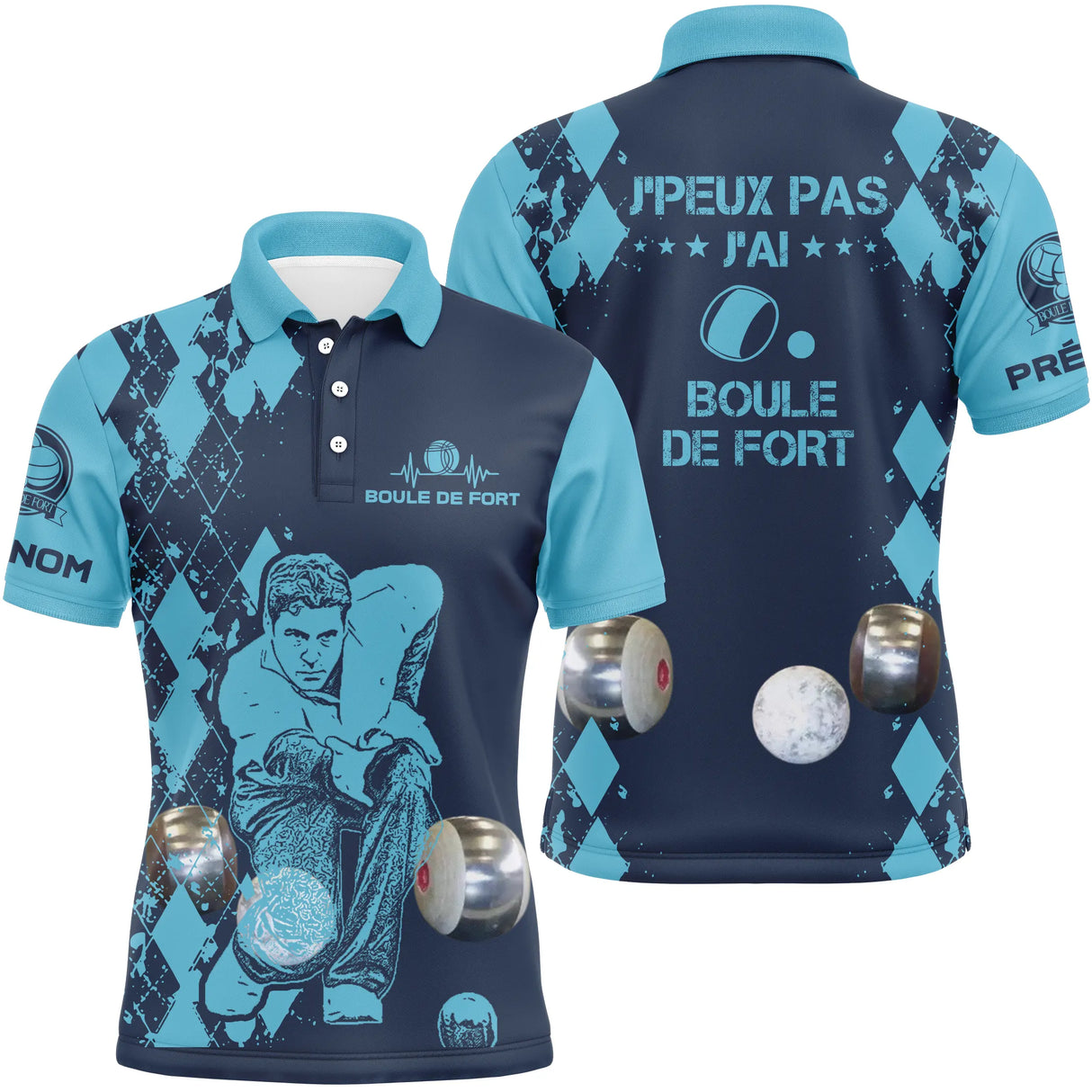 Polo boule de fort homme bleu marine humour devant joueur boules ciselées prénom manche personnalisé