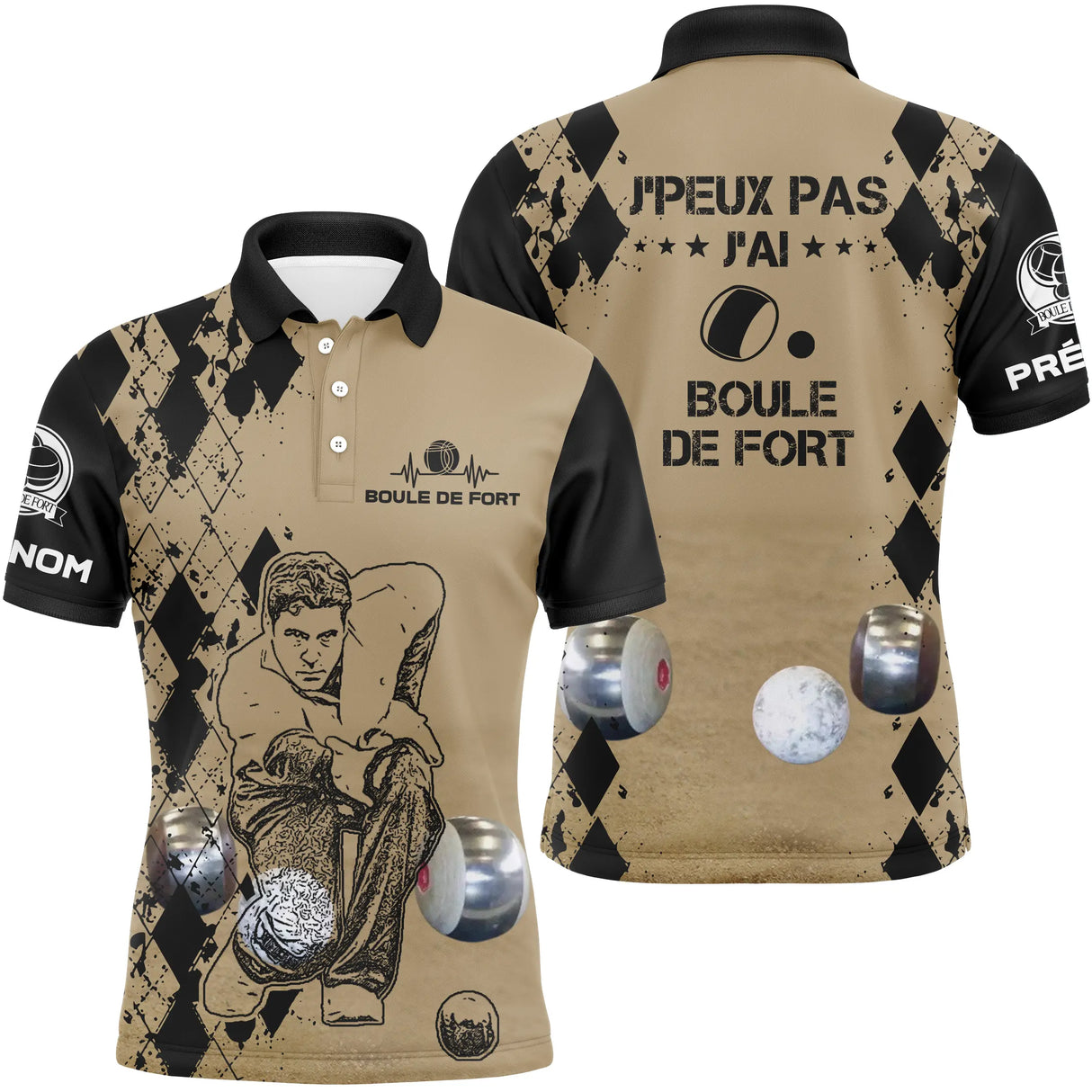 Polo boule de fort homme sable humour j'peux pas devant joueur boules ciselées prénom manche personnalisé
