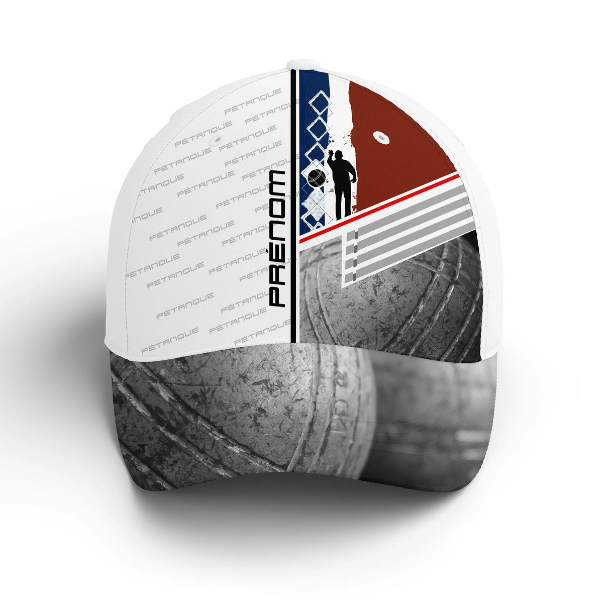 Casquette de pétanque tricolore vue trois-quarts, design boule et drapeau français