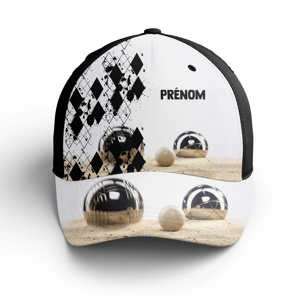 Casquette de pétanque bicolore noir et blanc vue trois-quarts, design boule centrale, cadeau personnalisable bouliste