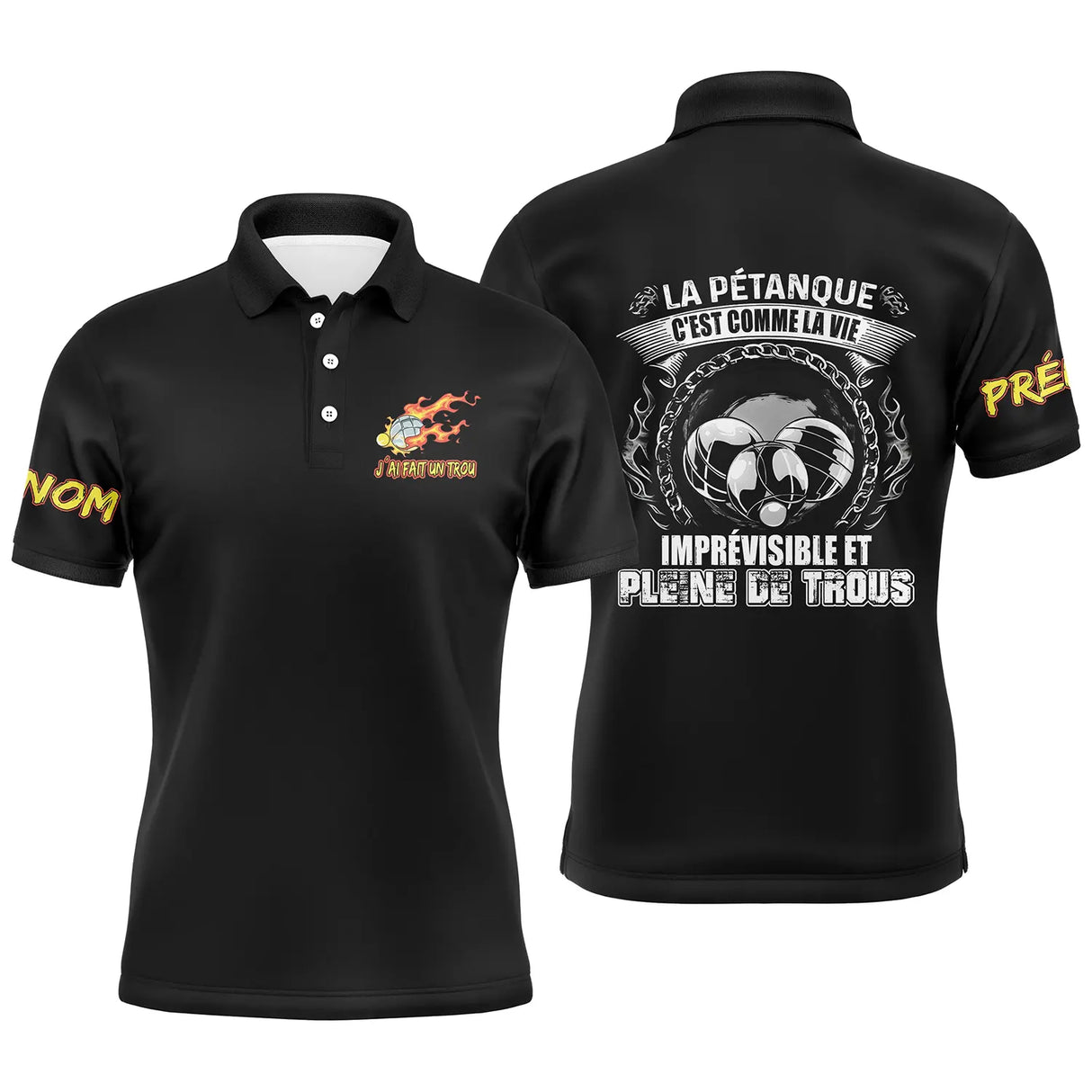 Polo pétanque homme noir humour vie imprévisible trous citation boules dos texte manche personnalisé