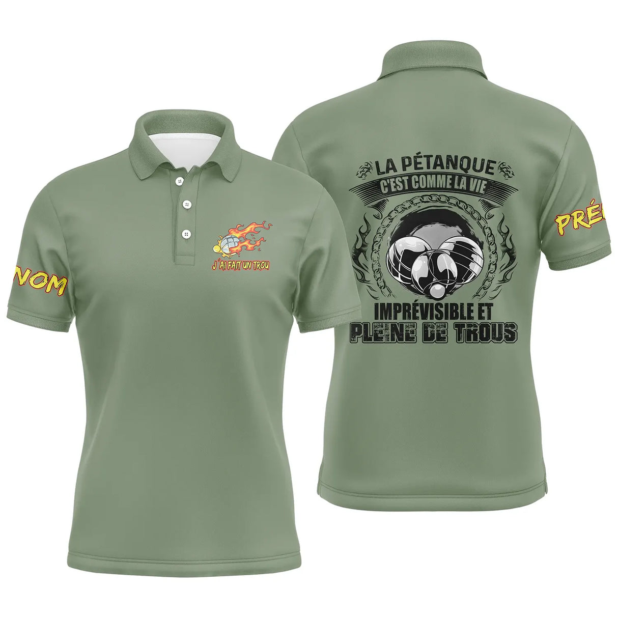 Polo pétanque homme blanc humour vie imprévisible trous citation boules dos texte manche personnalisé