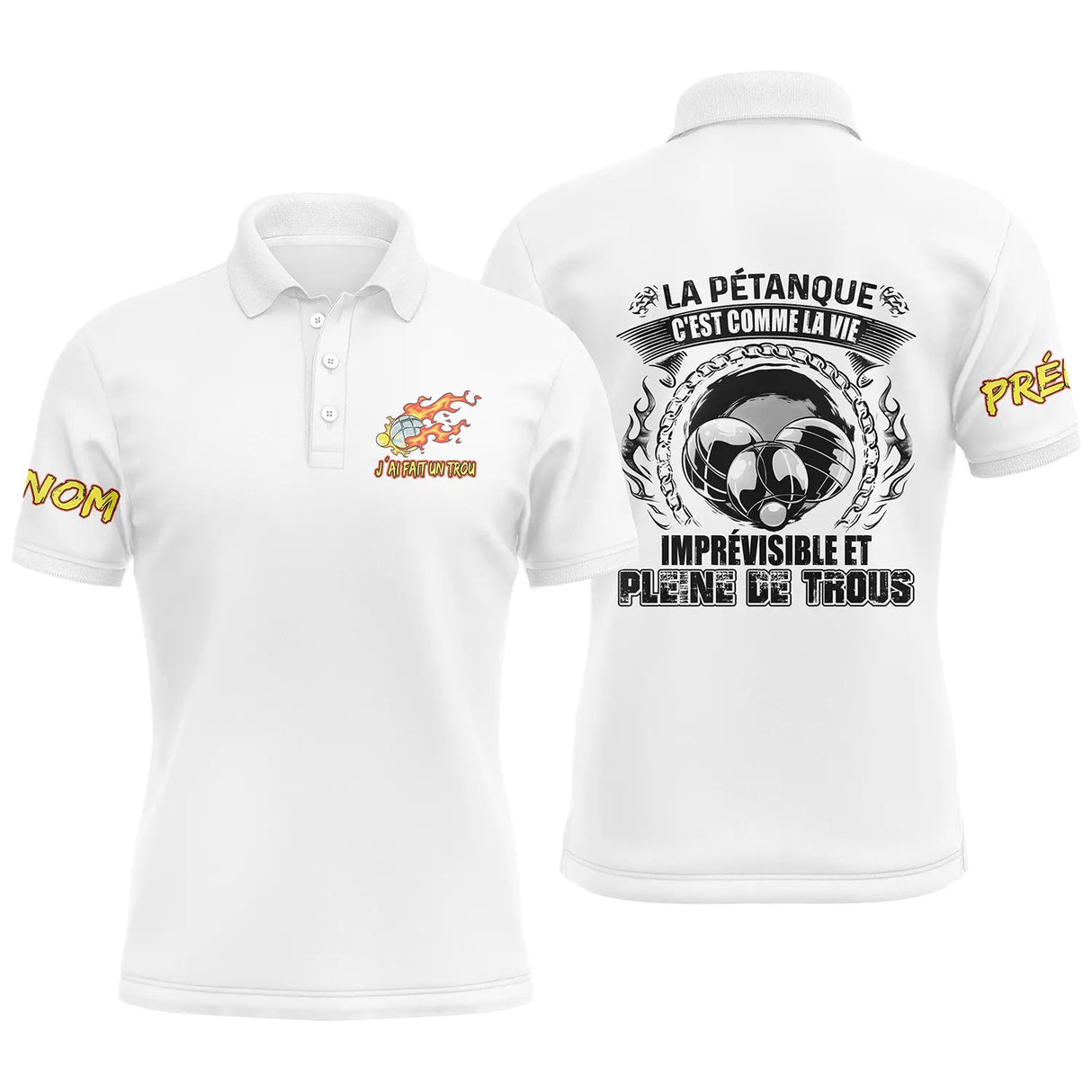 Polo pétanque homme marine humour vie imprévisible trous citation boules dos texte manche personnalisé