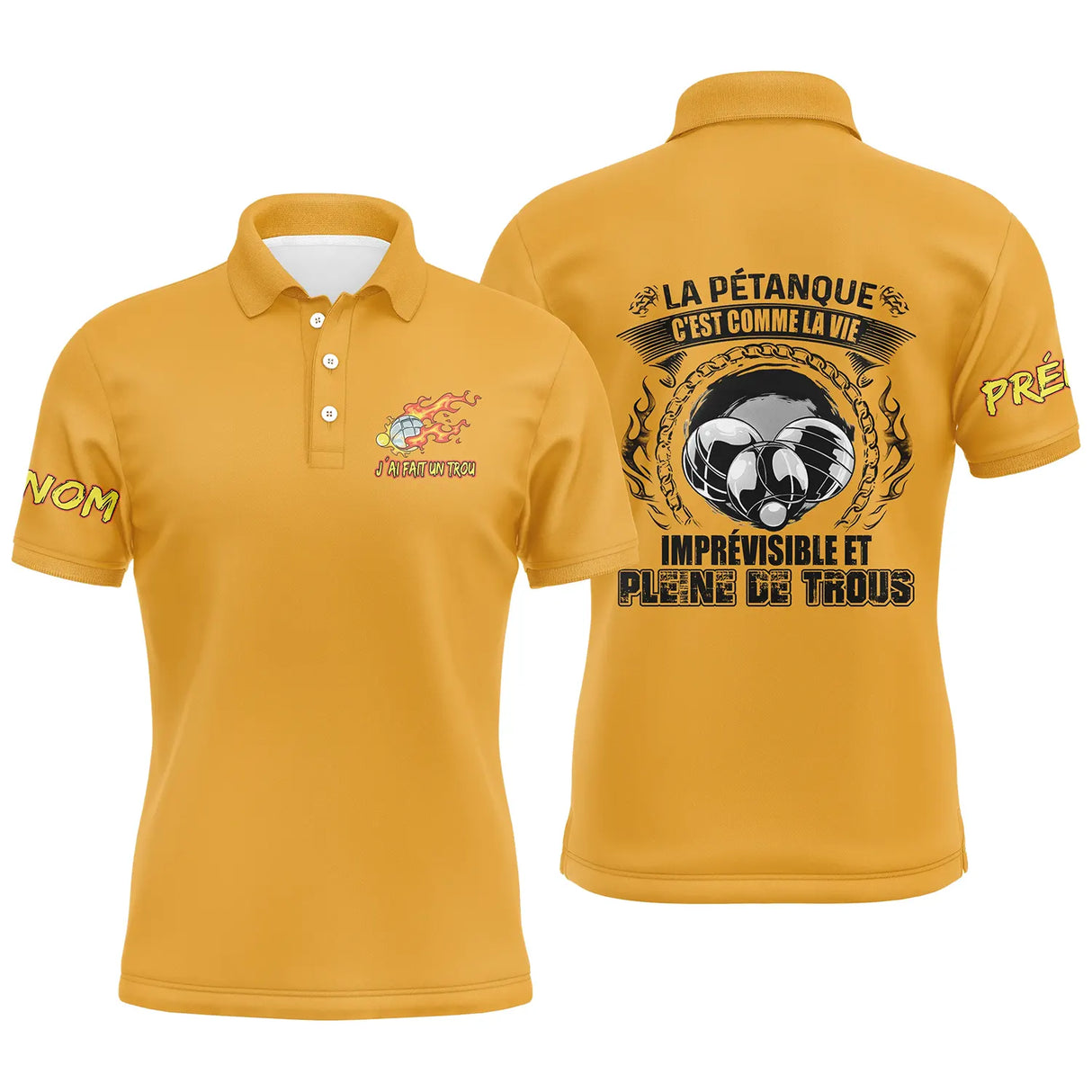 Polo pétanque homme jaune humour vie imprévisible trous citation boules dos texte manche personnalisé