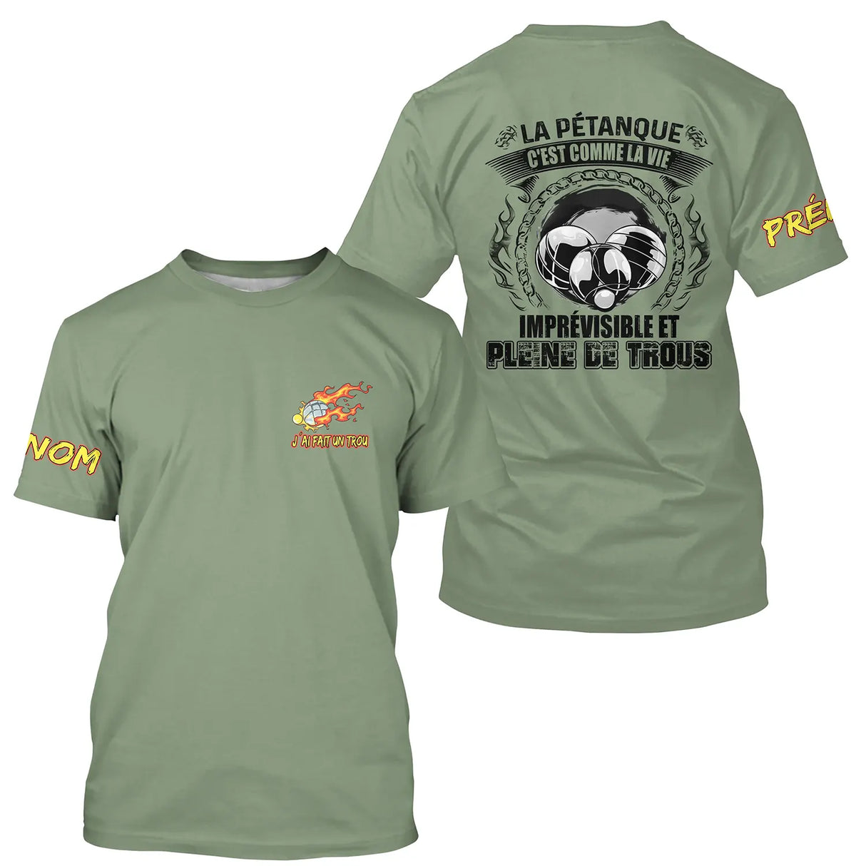 T-shirt pétanque all-over blanc humour vie imprévisible trous citation boules dos texte manche personnalisé