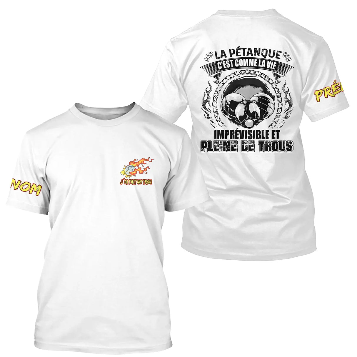 T-shirt pétanque all-over marine humour vie imprévisible trous citation boules dos texte manche personnalisé