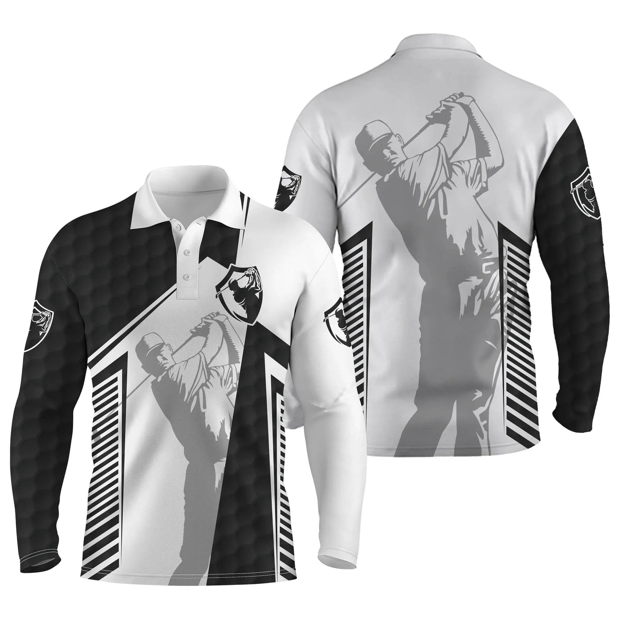 Polo de golf manches longues bicolore noir et blanc avec silhouette golfeur en swing et écussons sur manches