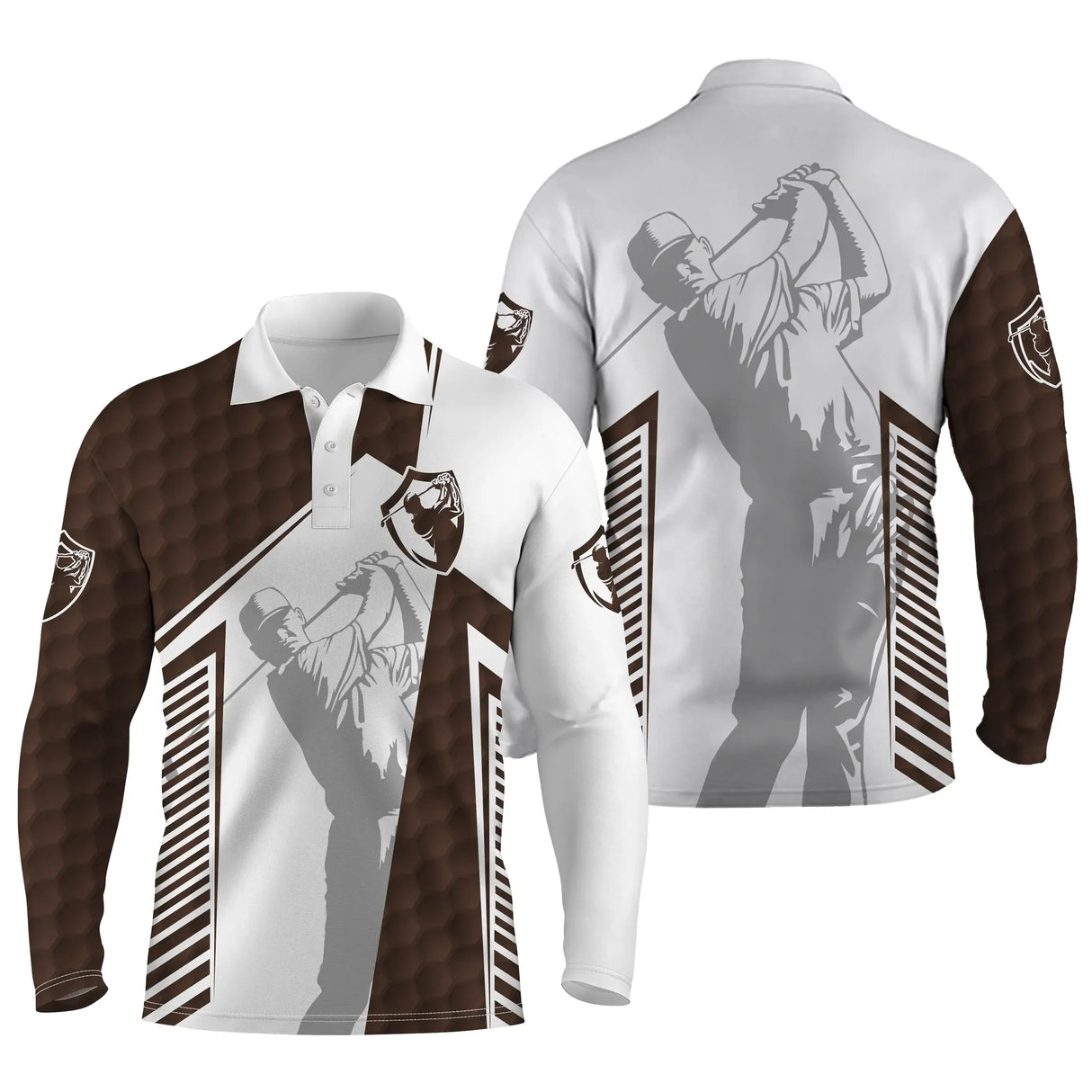 Polo de golf manches longues bicolore noir et bleu silhouette golfeur en swing écussons