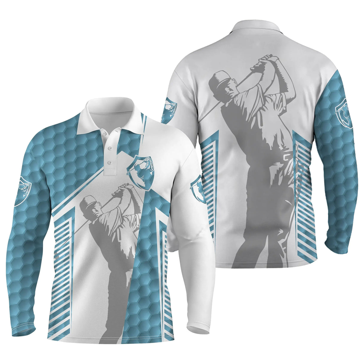 Polo de golf manches longues bicolore noir et marron avec silhouette golfeur en swing all-over