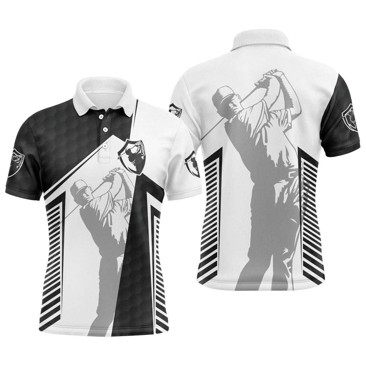 Polo golf homme bicolore noir côté gauche blanc balle côté droit silhouette golfeur swing lignes verticales rythmiques