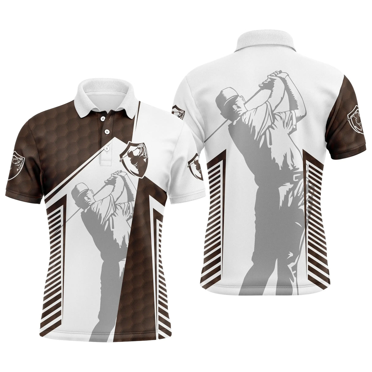 Polo golf homme bicolore bleu profond et blanc balle silhouette golfeur swing lignes verticales coupe ajustée