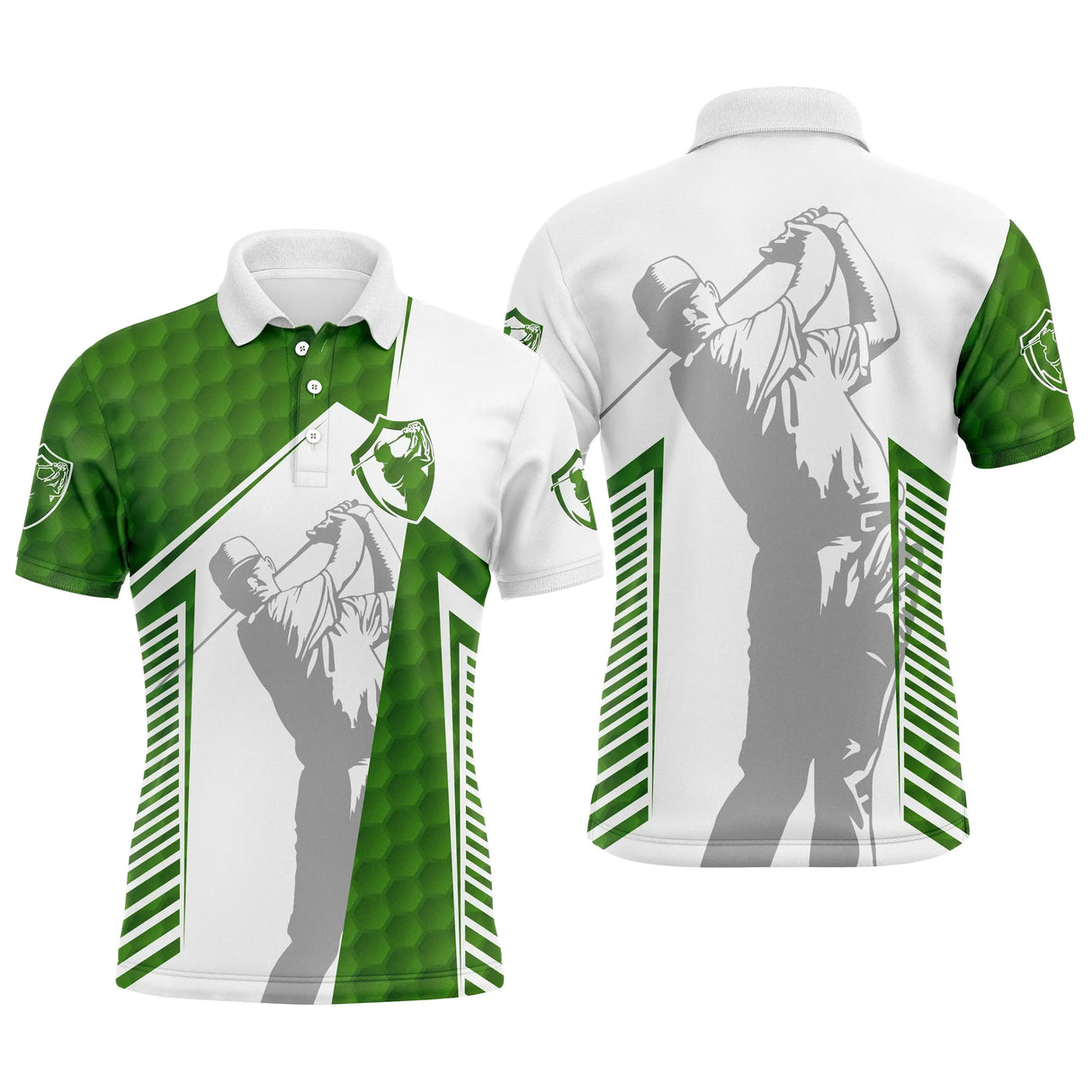 Polo golf homme bicolore bleu marine et blanc balle silhouette golfeur swing lignes verticales coupe ajustée