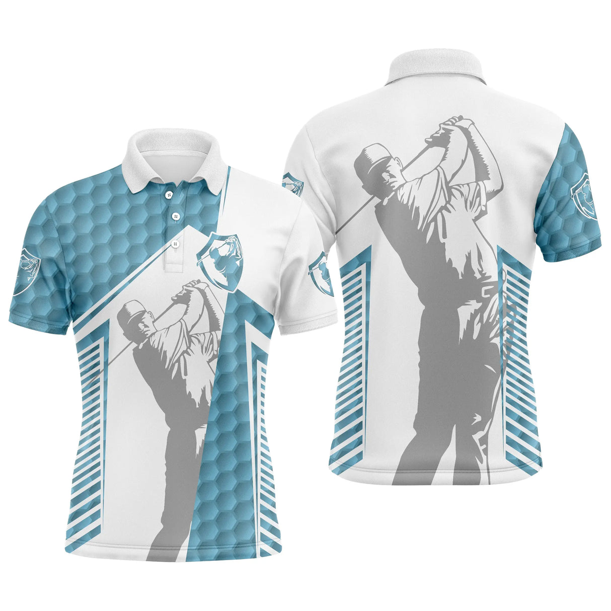 Polo golf homme bicolore marron terre et blanc balle silhouette golfeur swing lignes verticales coupe ajustée
