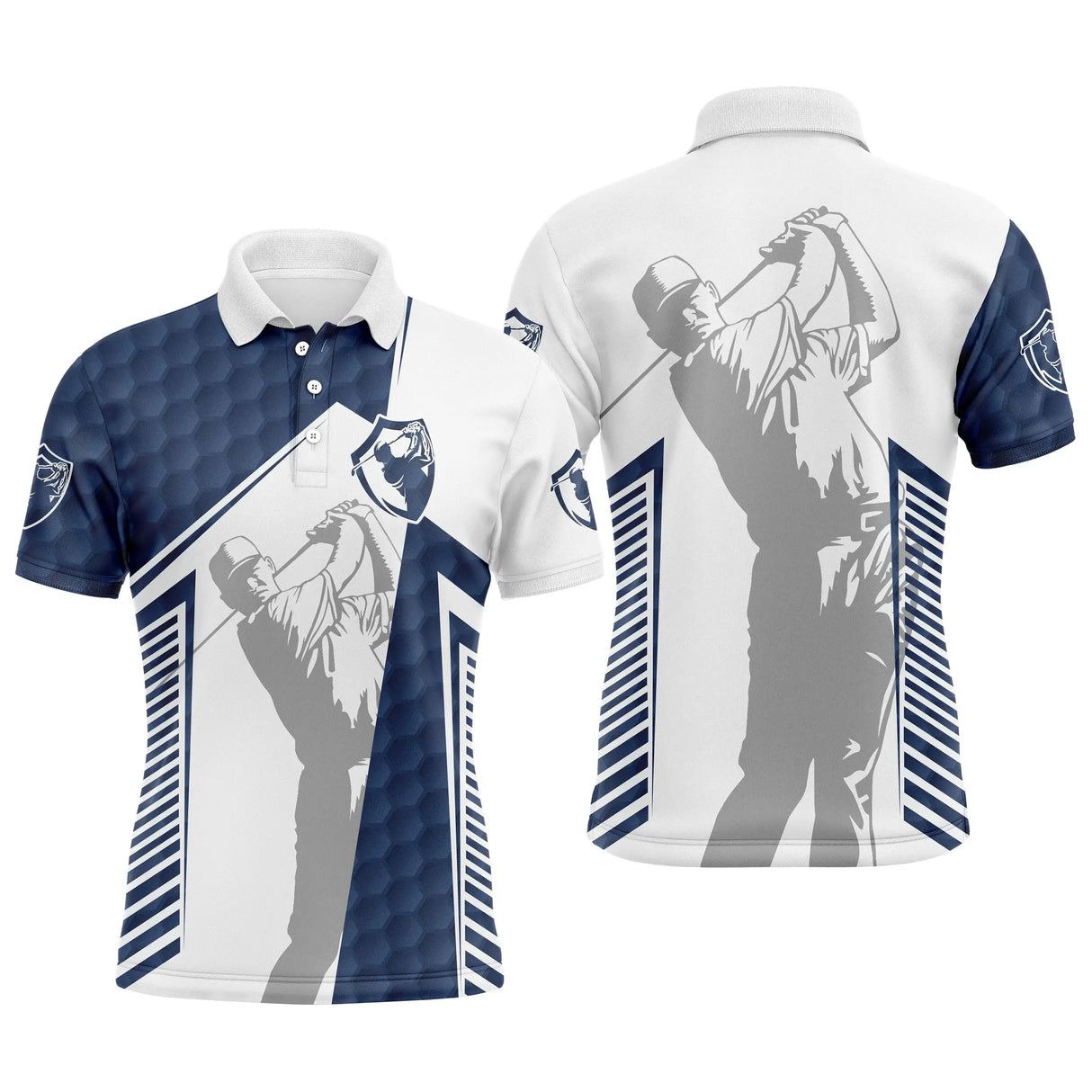 Polo golf homme bicolore vert prairie et blanc balle silhouette golfeur swing lignes verticales coupe ajustée