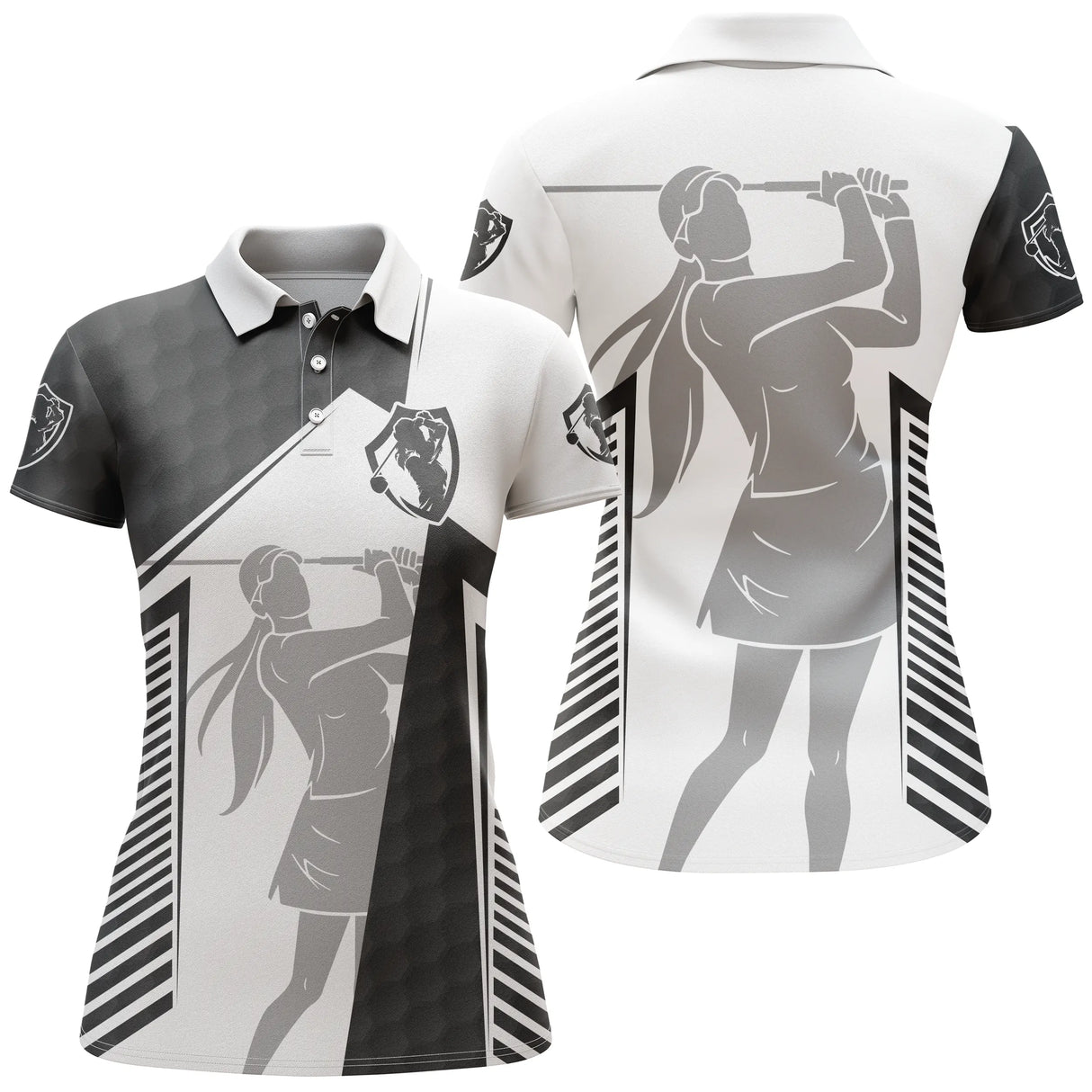 Polo golf femme bicolore noir et blanc balle silhouette golfeur lignes verticales coupe cintrée tissu respirant