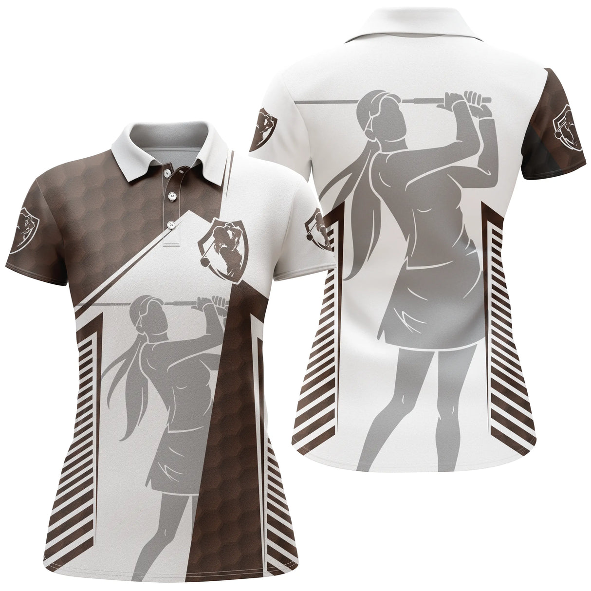 Polo golf femme bicolore bleu profond et blanc balle silhouette golfeur lignes verticales coupe cintrée