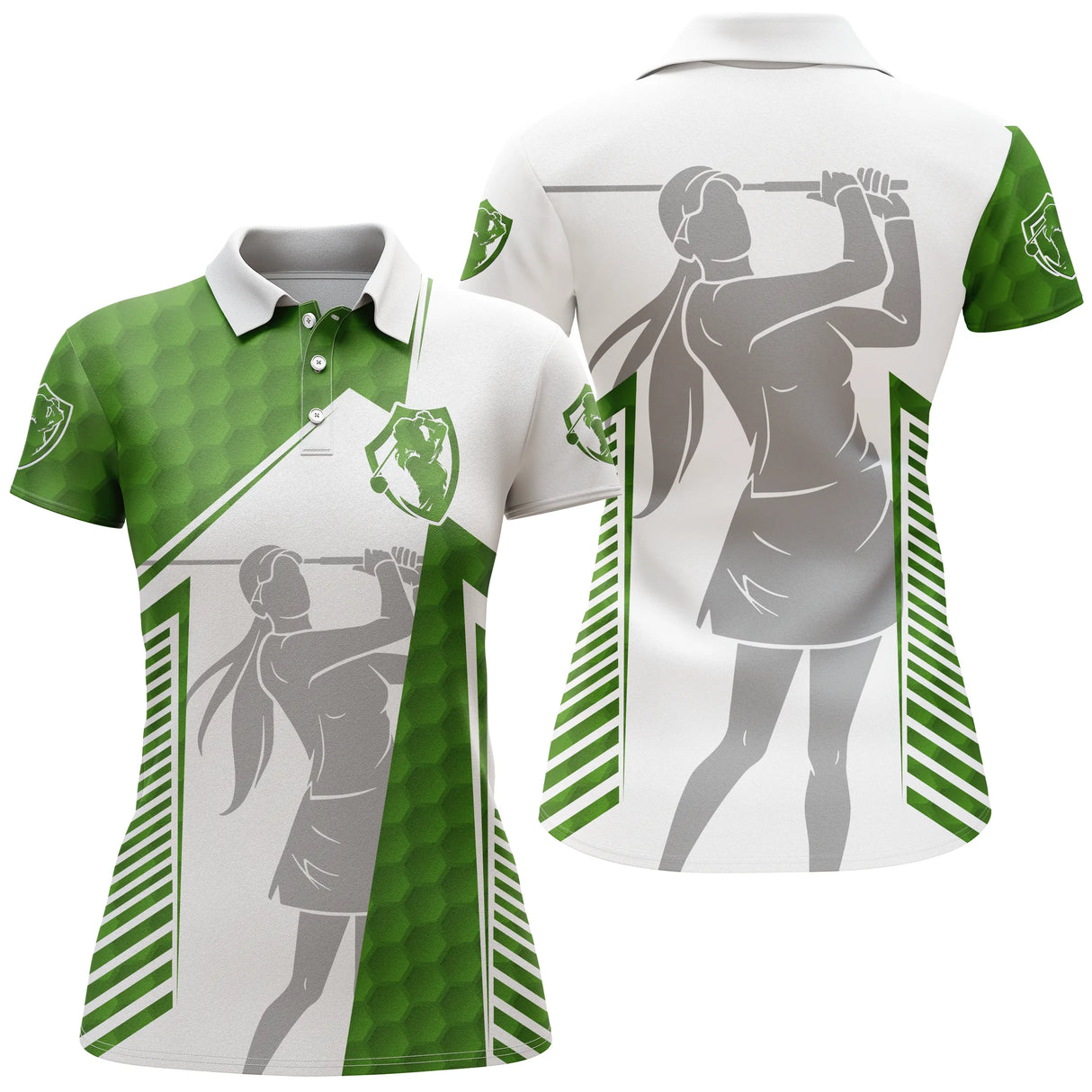 Polo golf femme bicolore bleu marine et blanc balle silhouette golfeur lignes verticales coupe cintrée