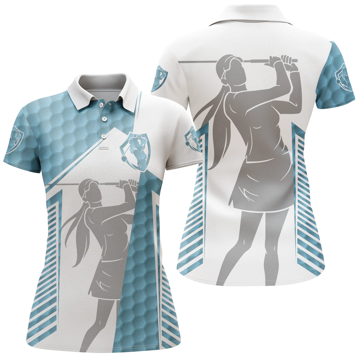 Polo golf femme bicolore marron terre et blanc balle silhouette golfeur lignes verticales coupe cintrée