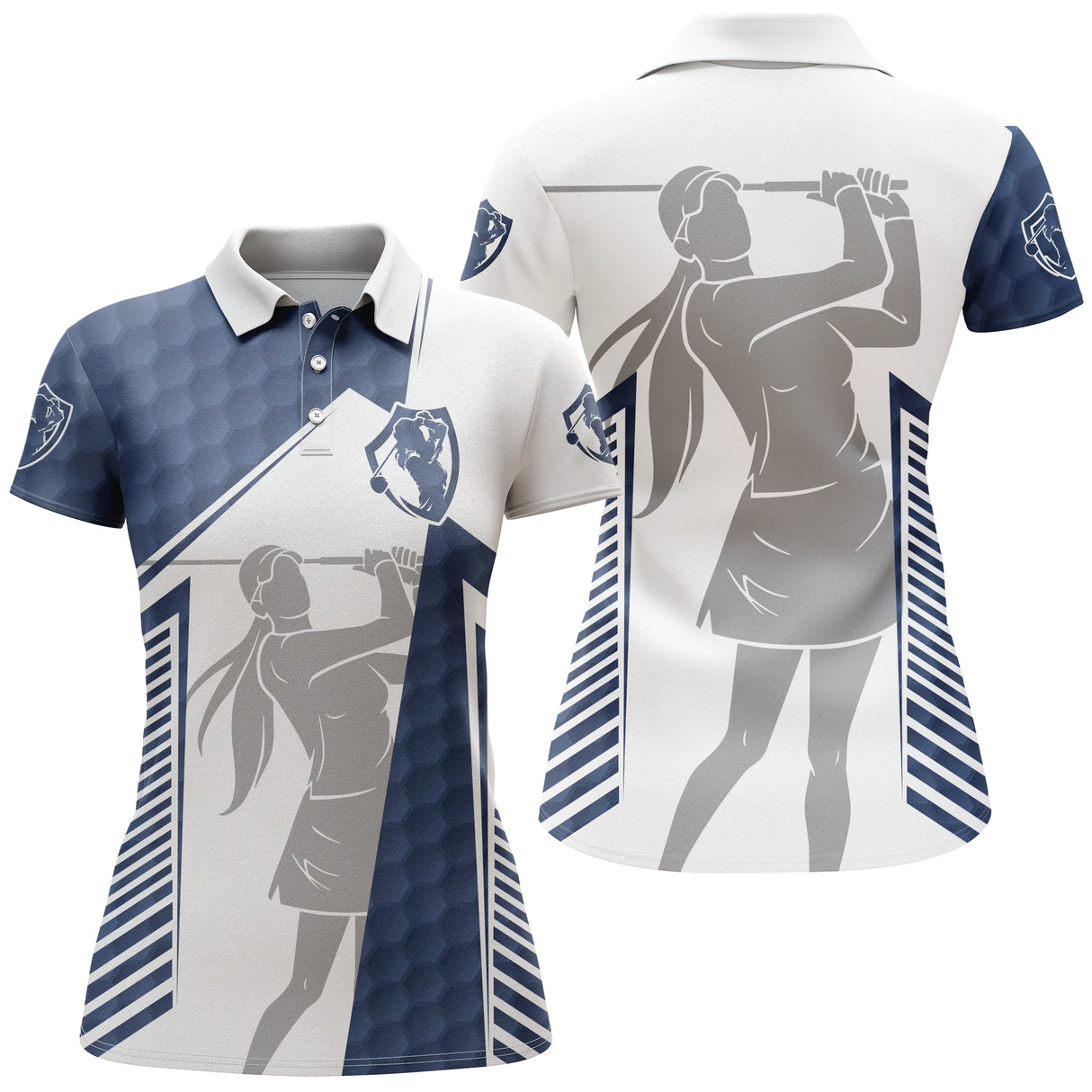 Polo golf femme bicolore vert prairie et blanc balle silhouette golfeur lignes verticales coupe cintrée