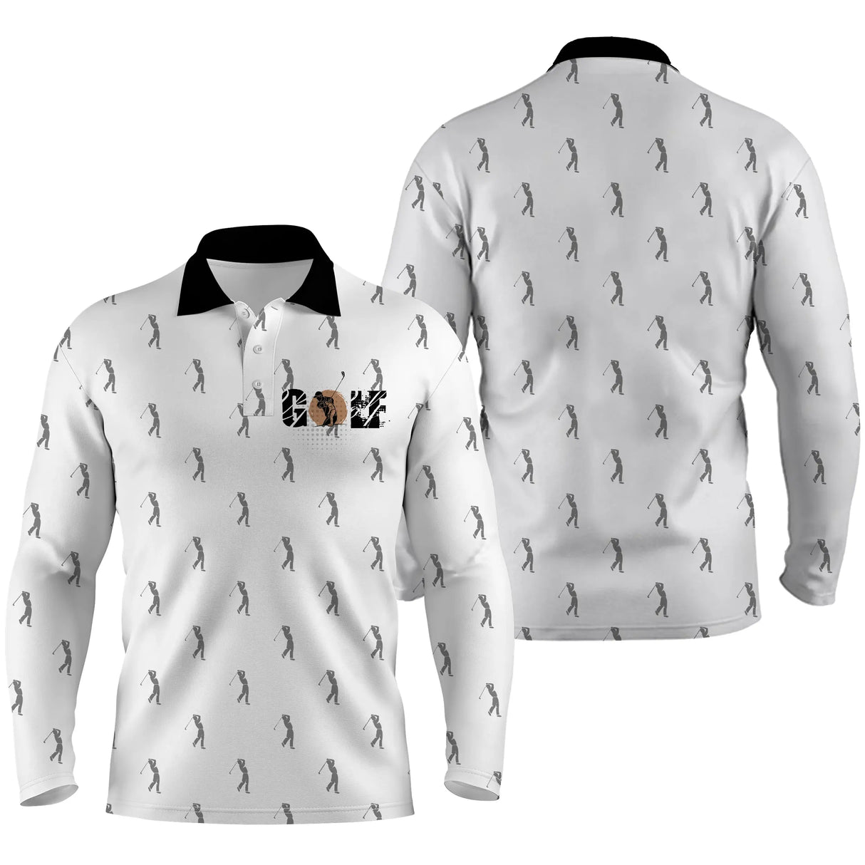 Polo golf silhouettes vue trois-quarts, design all-over golfeurs en swing, vêtement de sport pour golfeur licencié