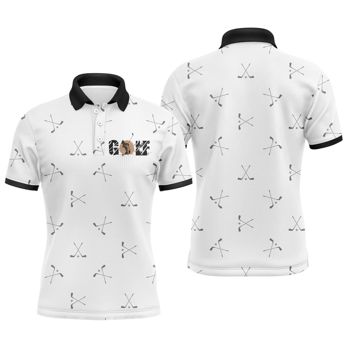 Polo de golf motif cliques de golf stylisés all-over sur fond blanc avec col et bordures noires contrastantes, lettrage GOLF
