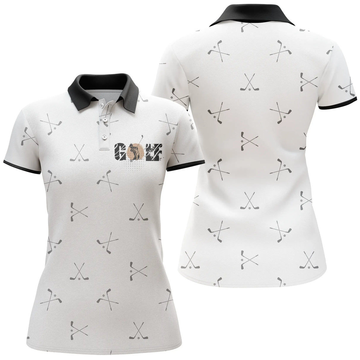 Polo golf motif cliques vue de face design blanc cassé avec col noir, coupe homme et femme disponibles