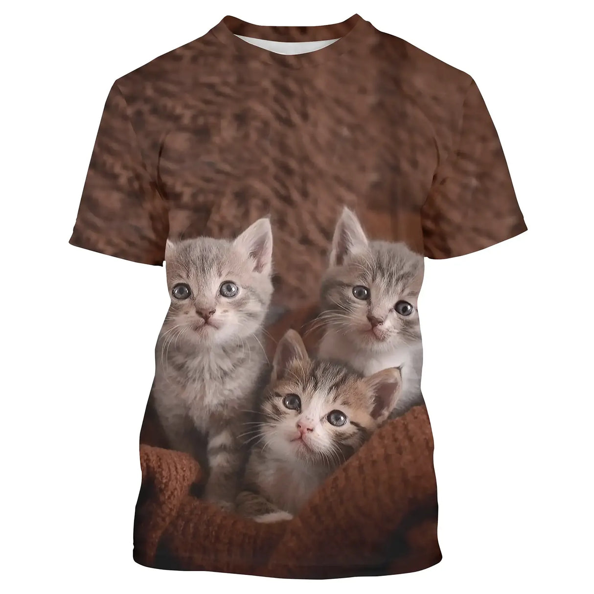 T-shirt chat 3D marron avec trois chatons mignons en panier, impression photoréaliste all-over haute définition