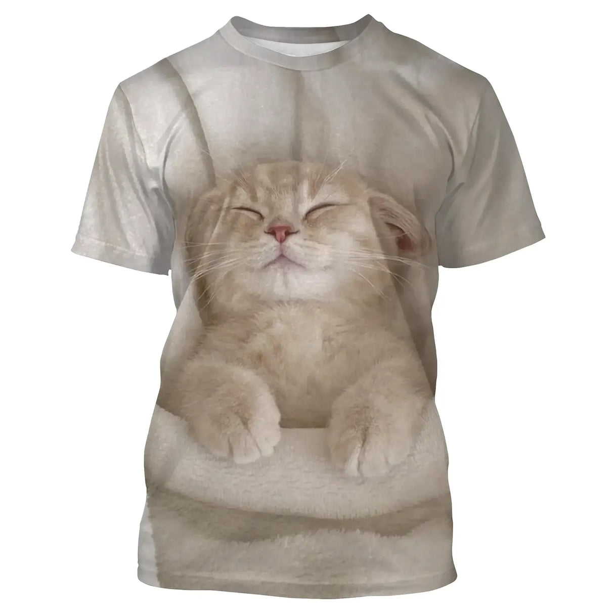 T-shirt chat 3D beige avec chaton endormi souriant, impression photoréaliste all-over teintes claires