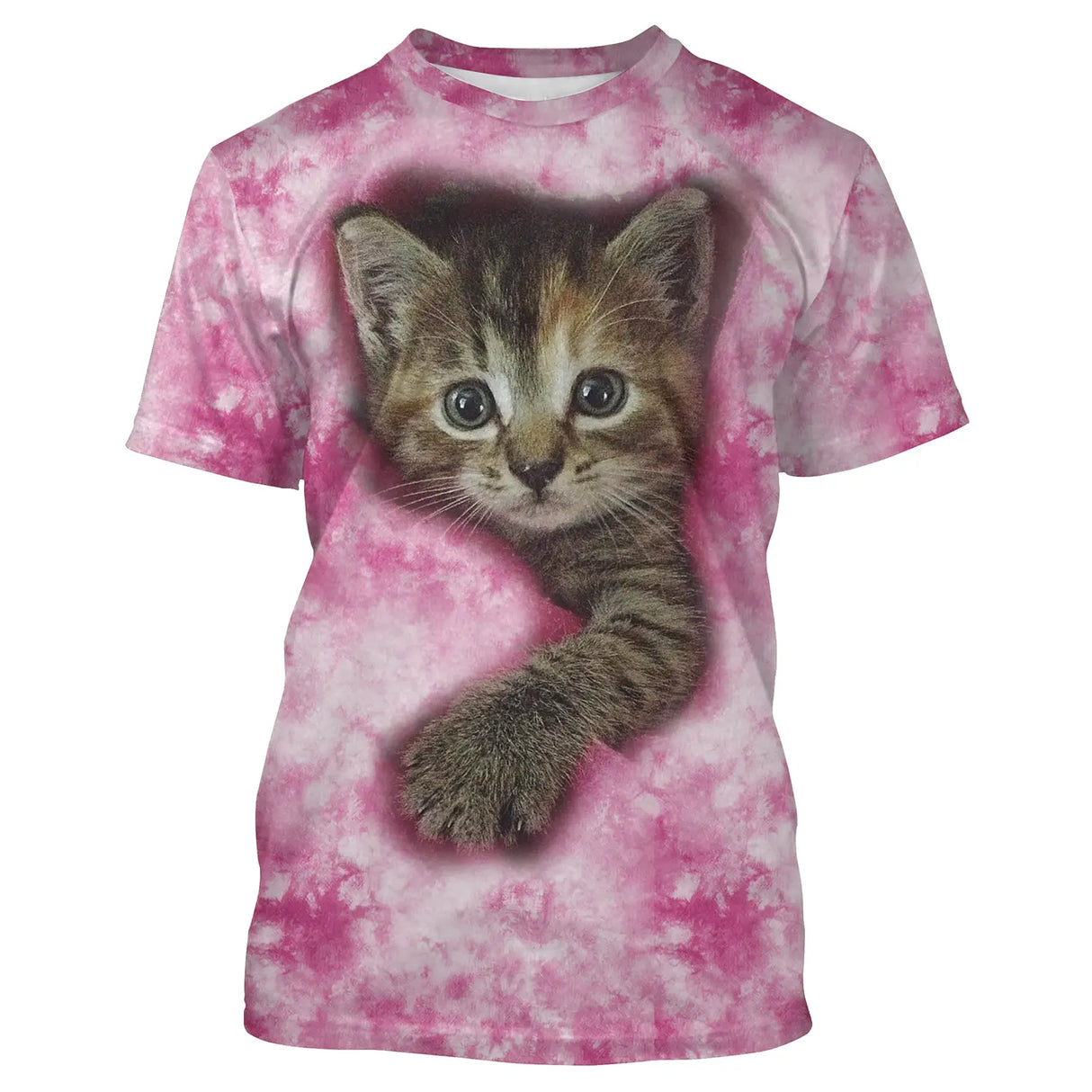 T-shirt chat 3D rose tie-dye avec chaton tigré aux yeux marron, impression photoréaliste all-over