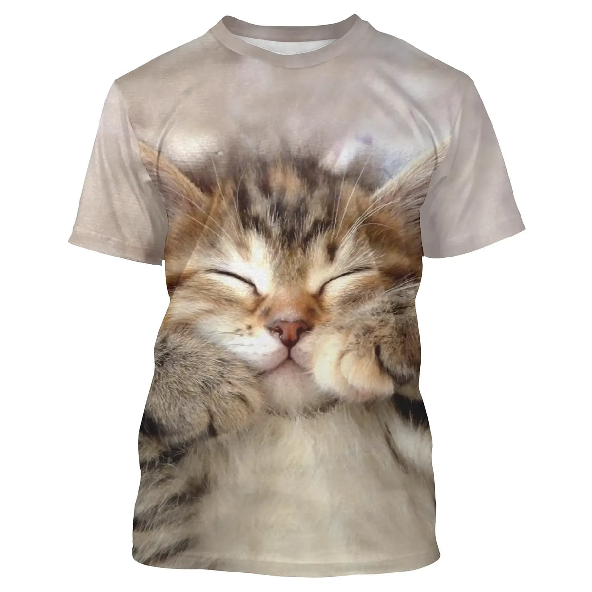 T-shirt chat 3D marron avec chatons jumeaux endormis souriants câlins, all-over photoréaliste teintes chaudes