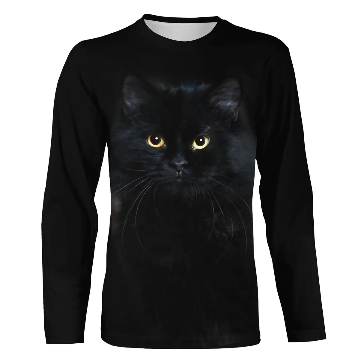 T-shirt chat noir yeux jaunes unisexe, design photoréaliste portrait félin envoûtant