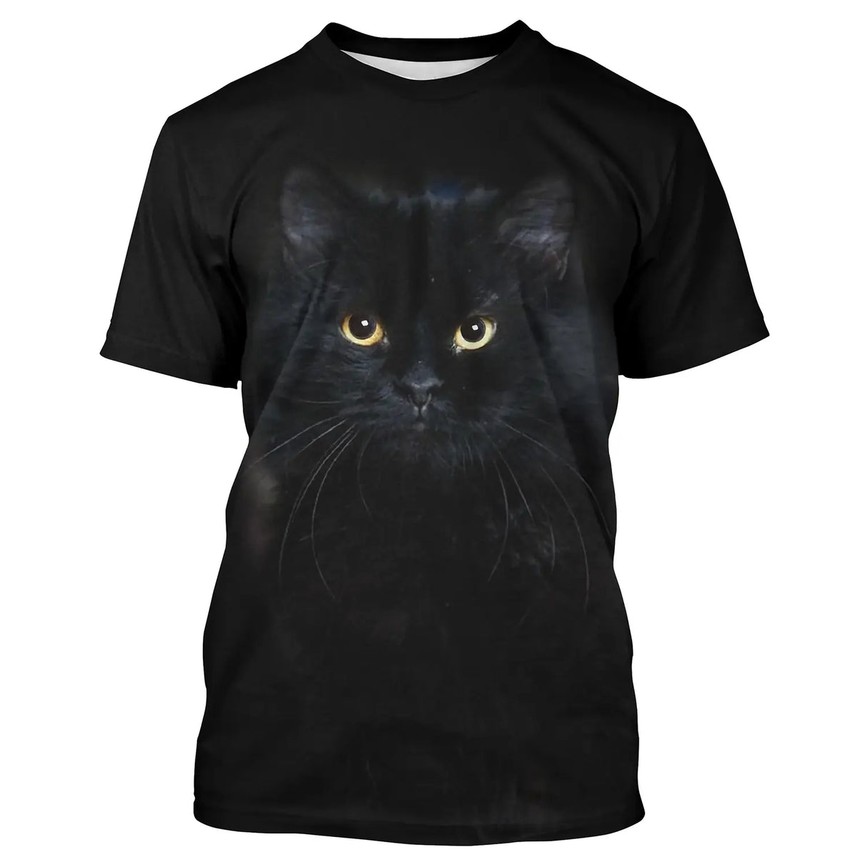 T-shirt chat 3D noir avec portrait mystérieux de chat noir aux yeux jaunes ambrés, all-over photoréaliste