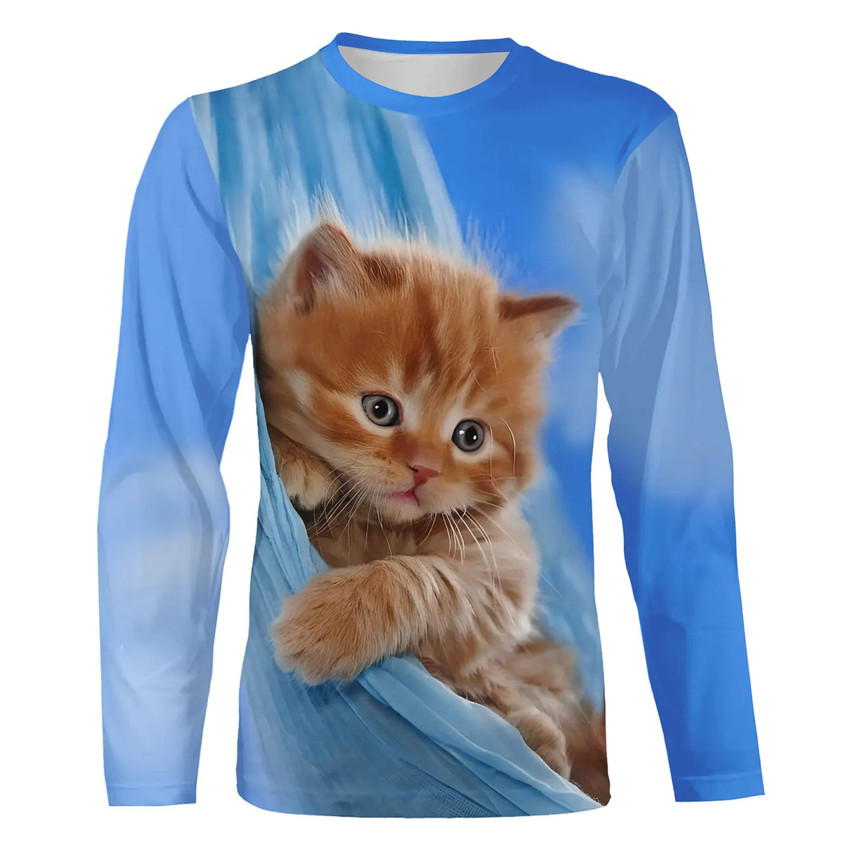 T-shirt chat bleu ciel chaton roux hamac unisexe, design photoréaliste mignon quotidien