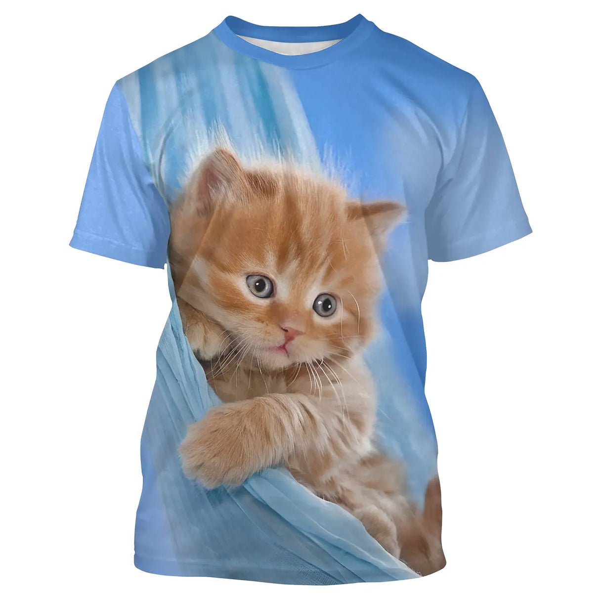 T-shirt chat 3D bleu ciel avec chaton roux dans un hamac de tissu blanc, all-over photoréaliste