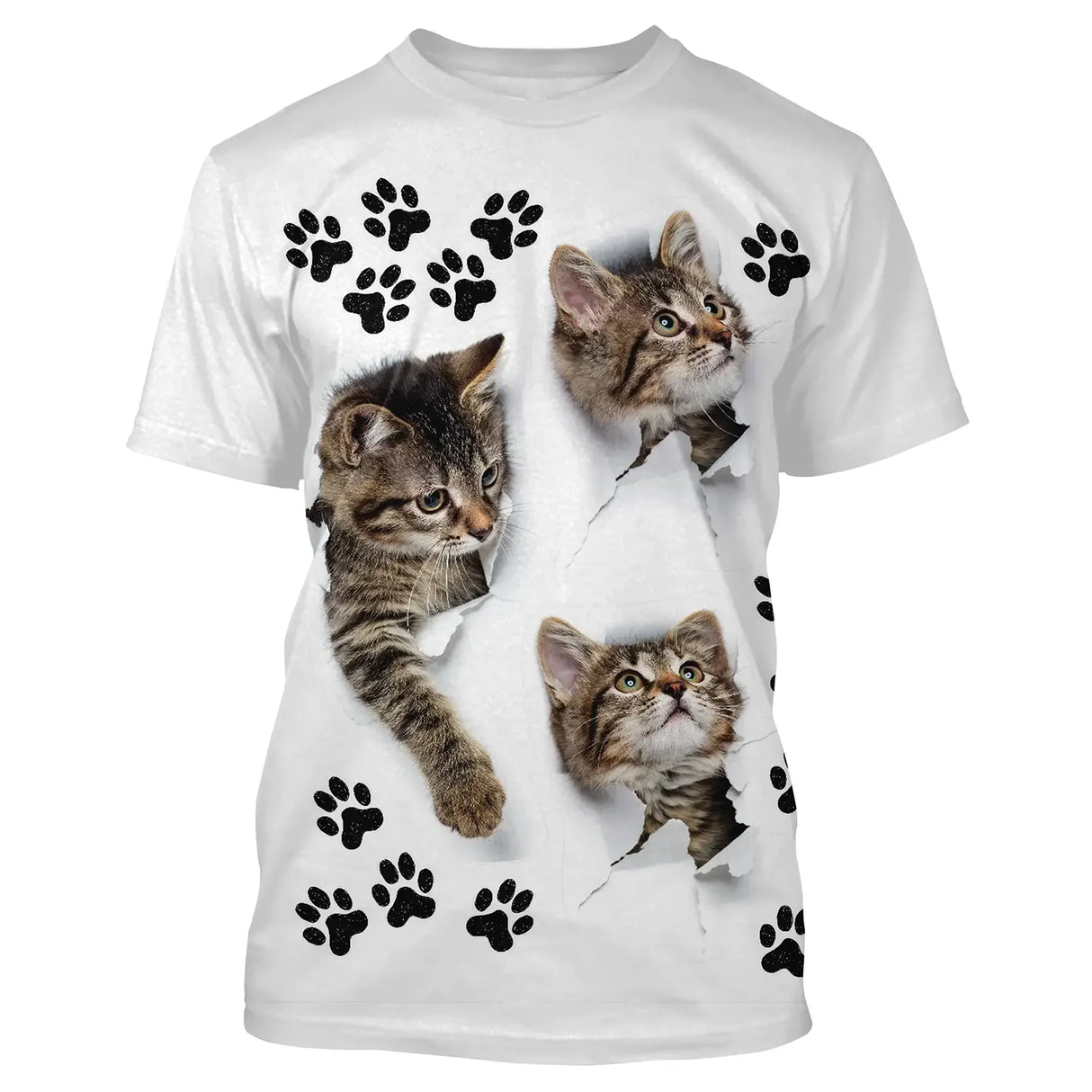 T-shirt chat 3D blanc avec trois chatons tigrés émergeant de déchirures et empreintes de pattes noires all-over