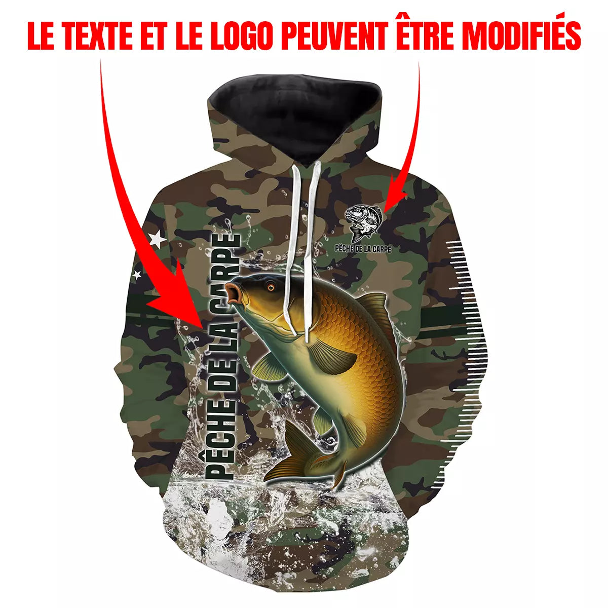 T-shirt pêche carpe camouflage forêt motif carpe miroir bondissante dorée carpiste prénom personnalisé bivouac