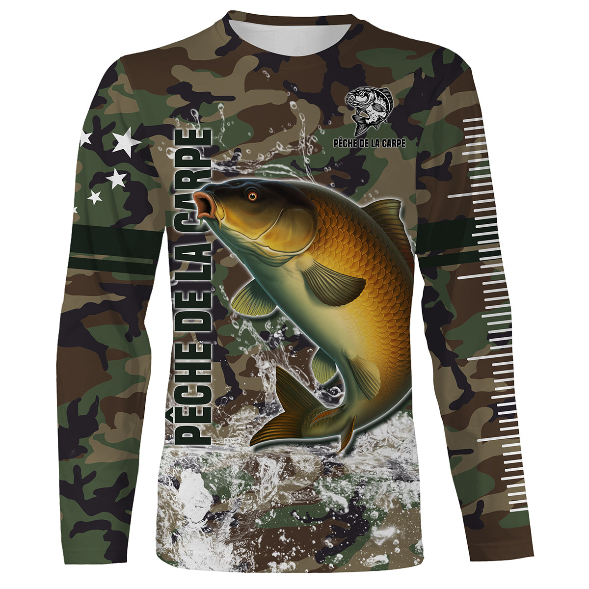 T-shirt manches longues pêche carpe all-over camouflage forêt motif carpe miroir dorée prénom personnalisé