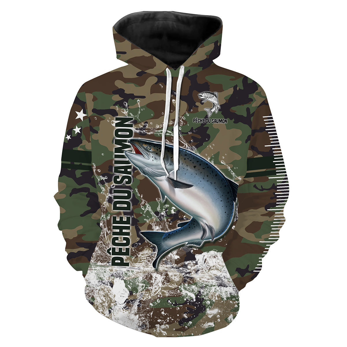 Sweat capuche pêche saumon all-over camouflage forêt motif saumon argenté pêcheur prénom personnalisé
