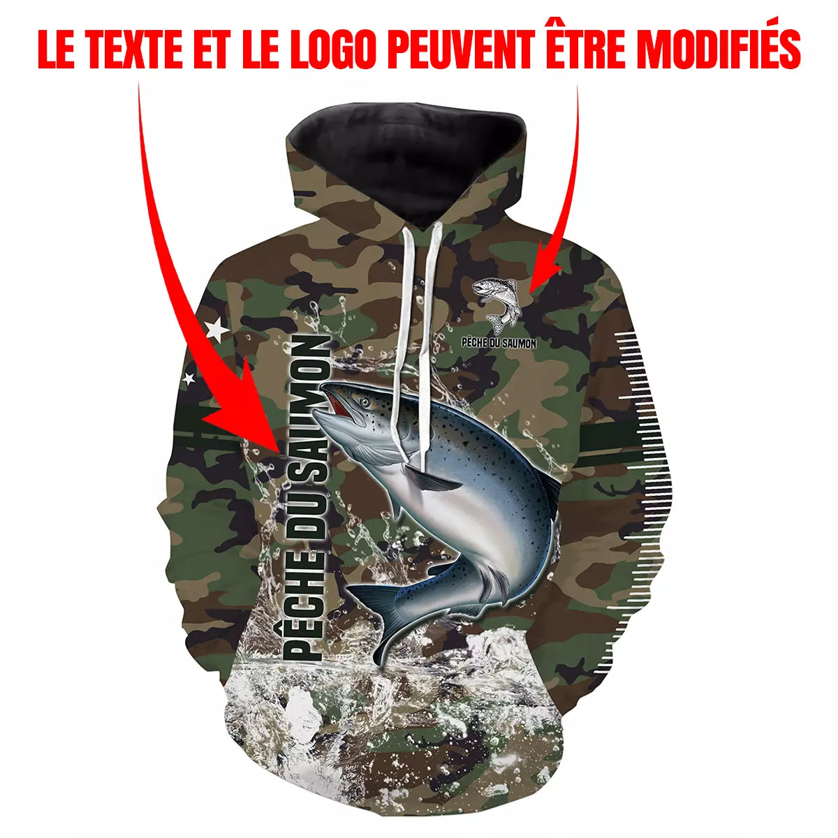T-shirt pêche saumon camouflage forêt motif saumon argenté en remontée prénom personnalisé moucheur fly-fishing
