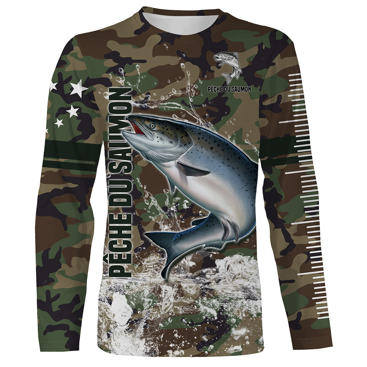 T-shirt manches longues pêche saumon all-over camouflage forêt motif saumon argenté prénom personnalisé moucheur